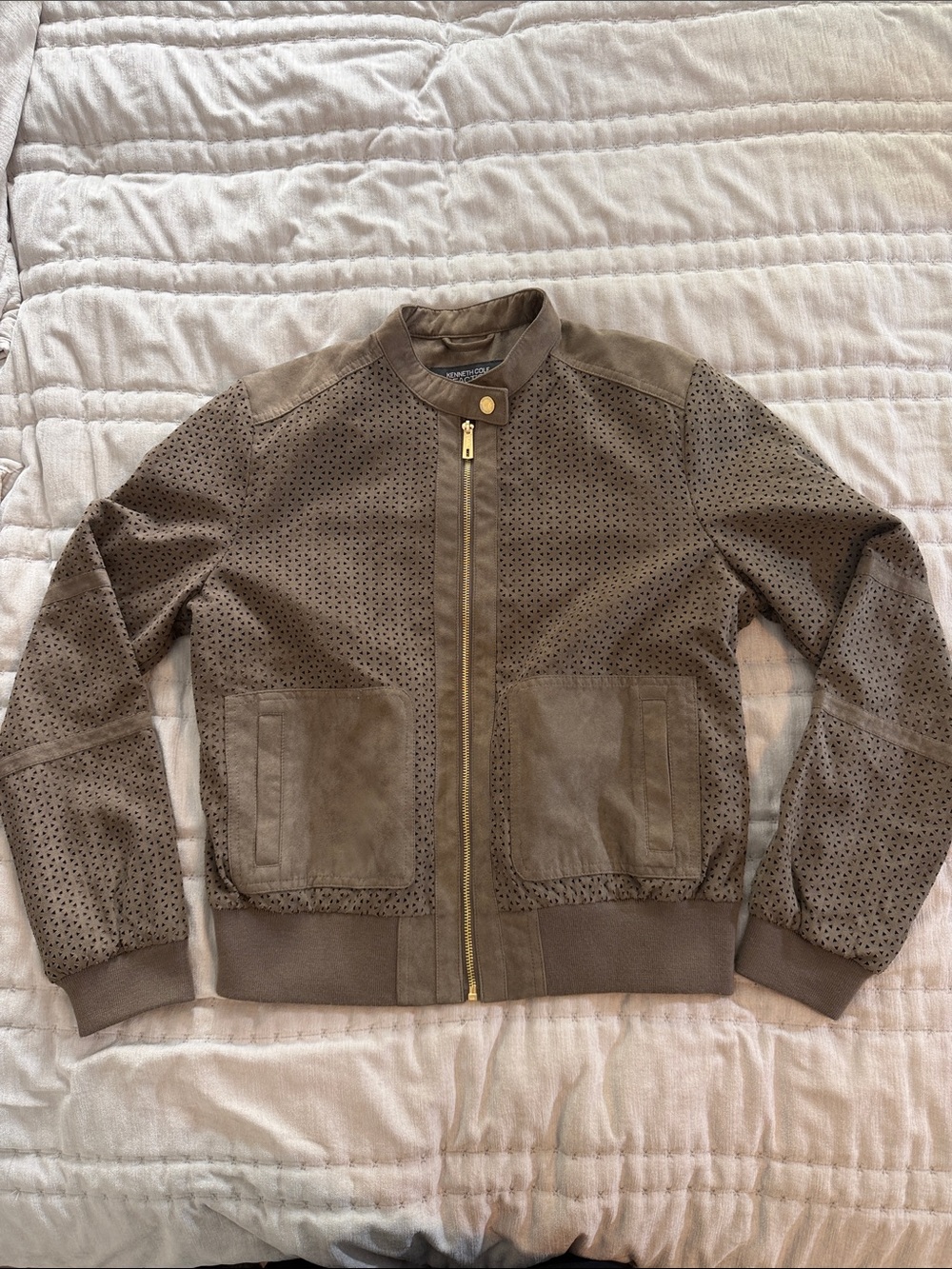 Kenneth Cole Reaction Brown Perforated Suede Bomber Jacket